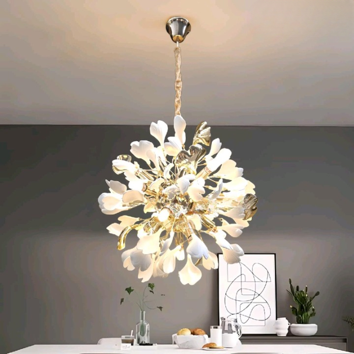 Lampu hias susun gantung kembang bunga daun putih gold keramik Modern chandelier elegan minimalis li