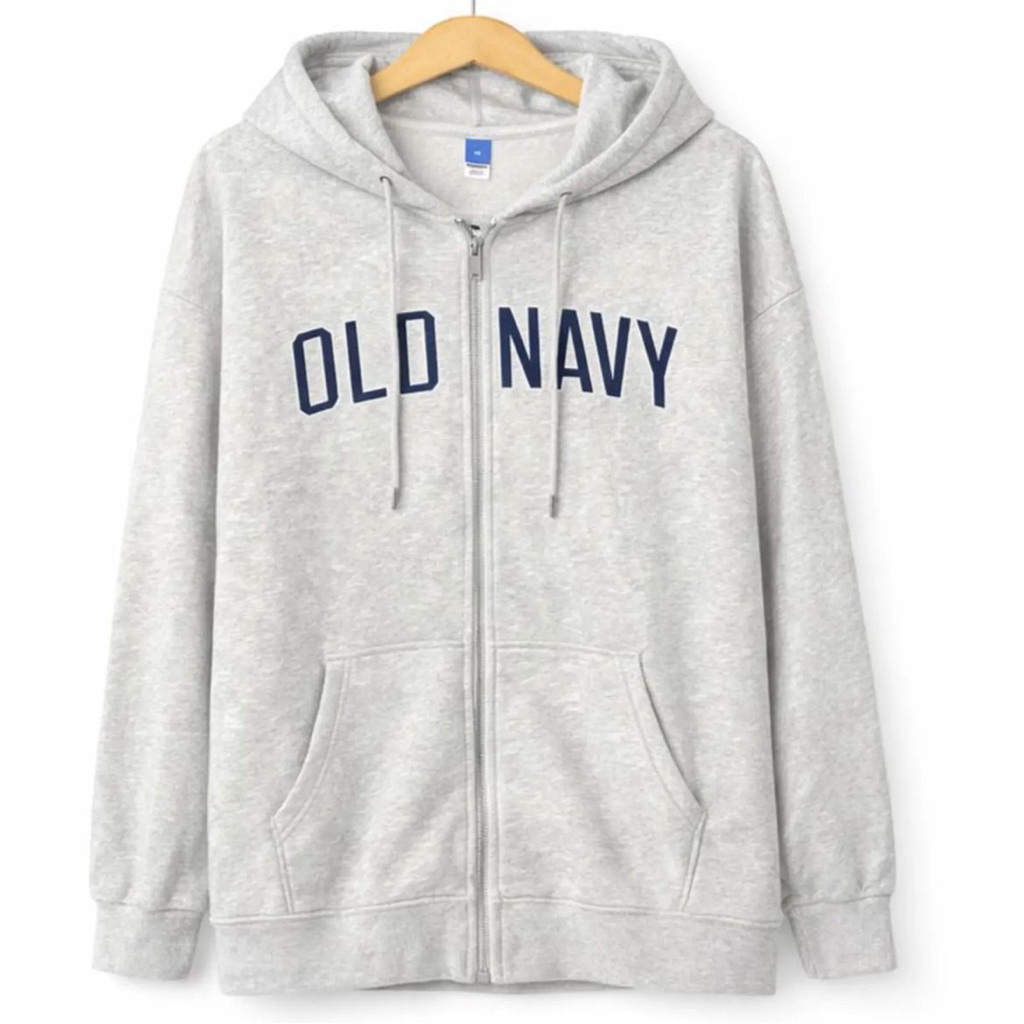 Old Navy Jaket Hoodie Zipper Abu-Abu dengan desain Logo navy Untuk Pria dan wanita