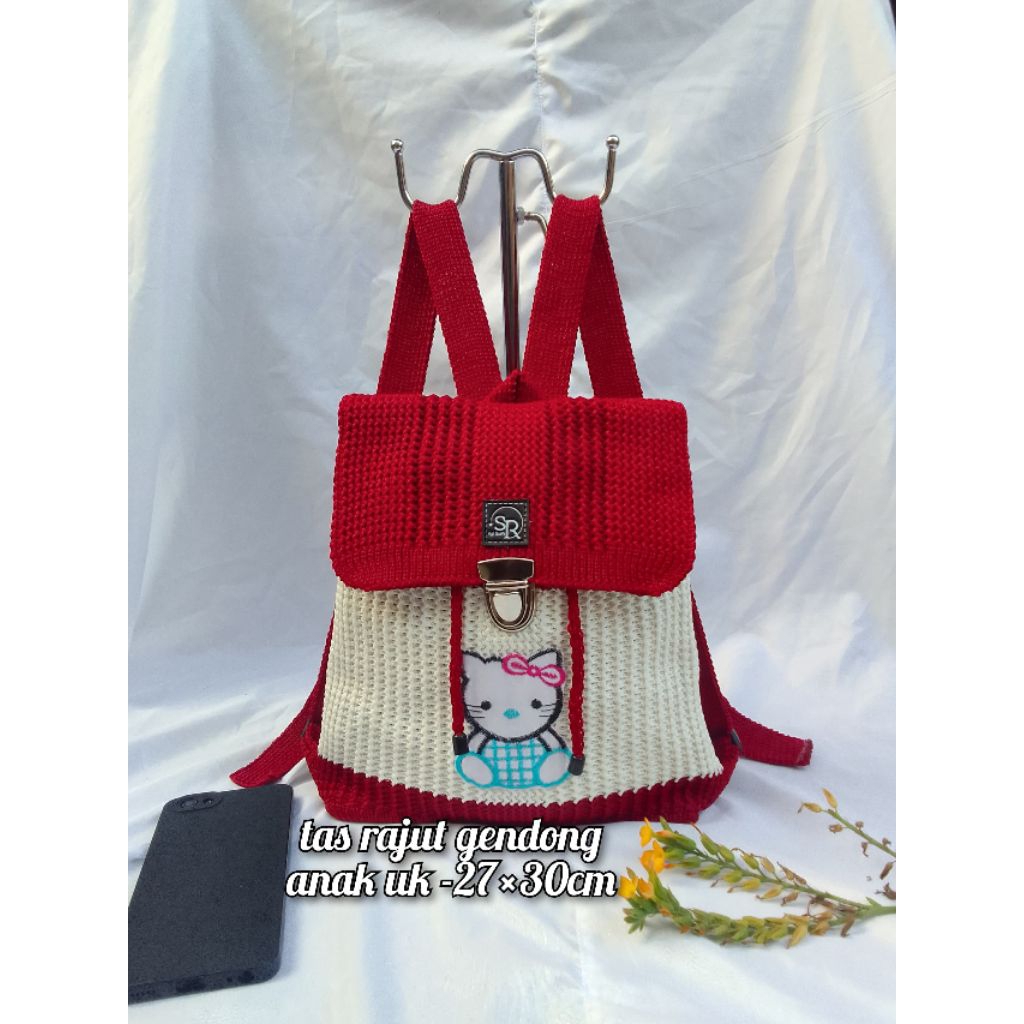 tas ransel rajut anak/ransel anak rajut karakter hello kity