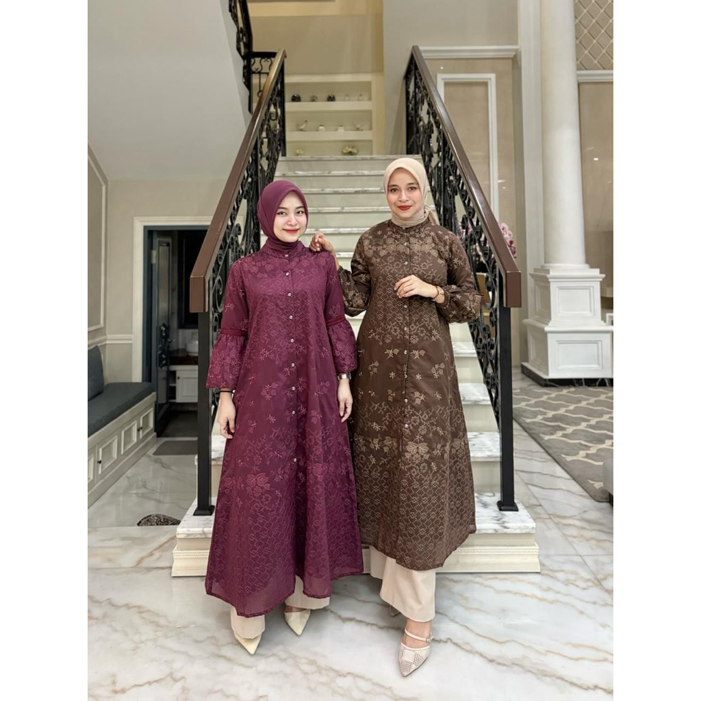 Tunik Brokat Premium Floral Mewah Busui Friendly Lengan Balon Elegan Kekinian