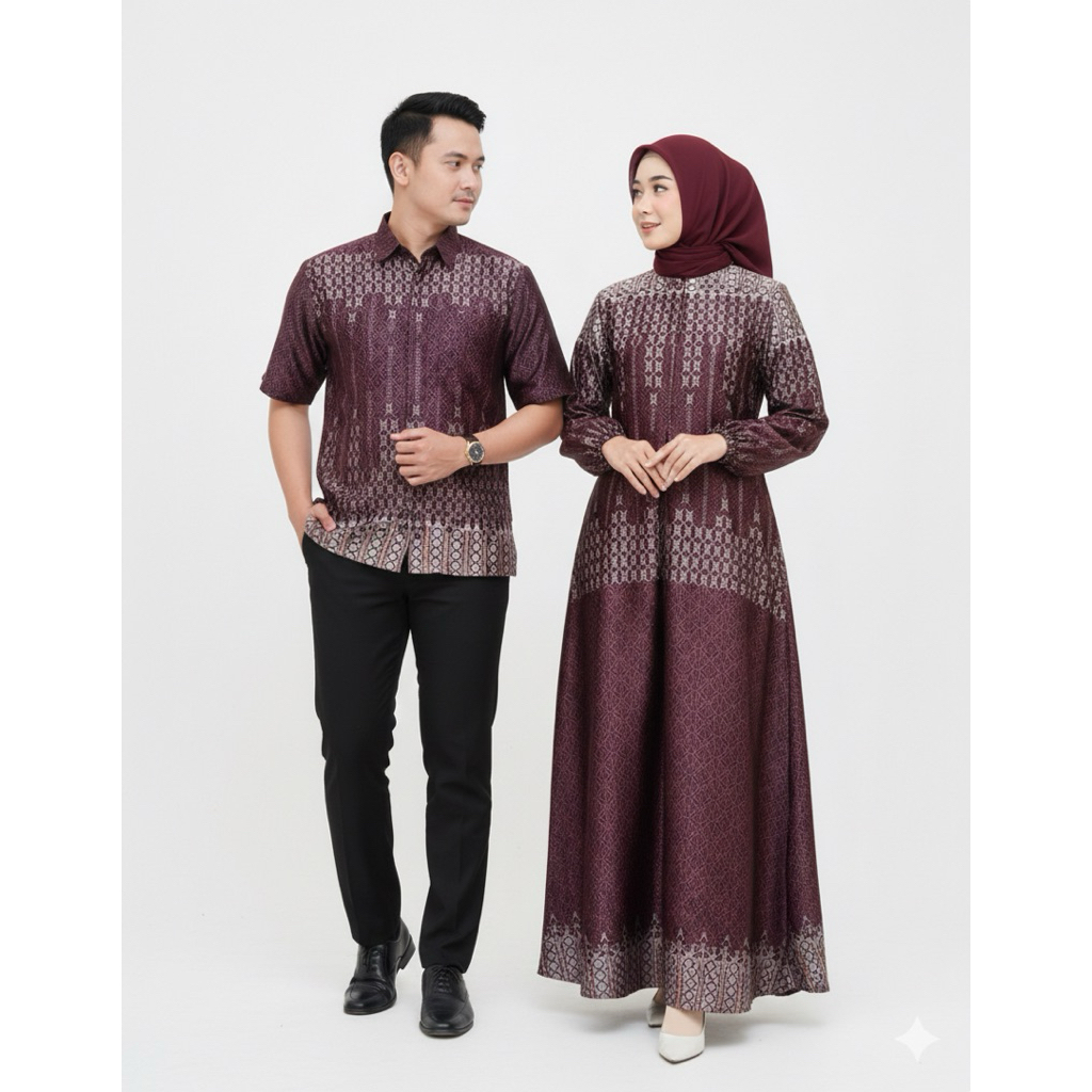 Set Couple Muslim Lebaran Koko Pria Gamis Wanita Silk Premium Motif Aulia M XXL