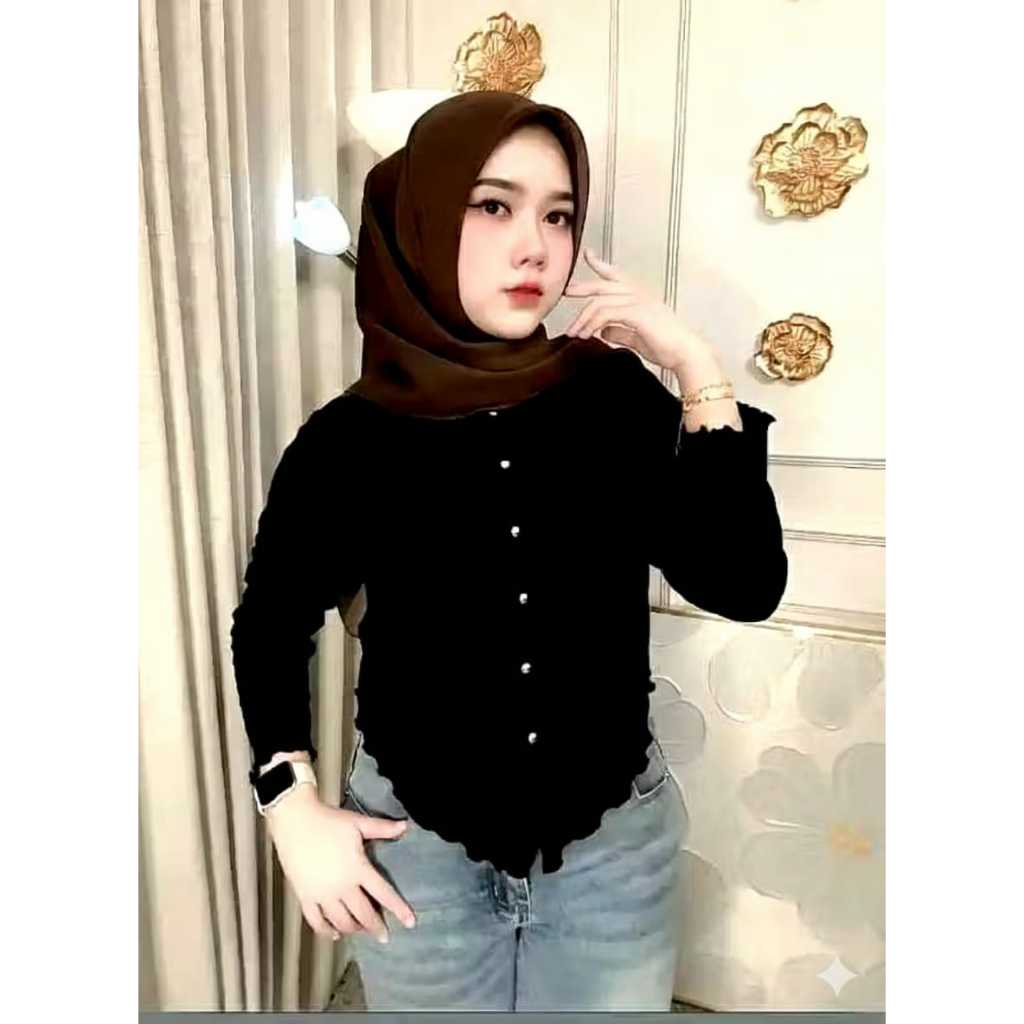 B7 Nechi Cardigan Rajut Wanita Basic Crop Top Kancing Gold Button Lengan Panjang