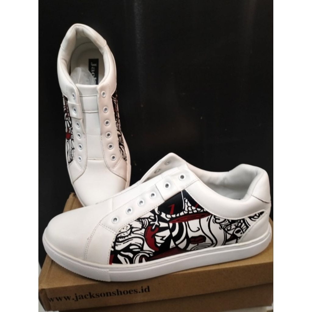 Sepatu Sneaker Jackson White Red Shoes Flat Pria Kasual Kerja Snekers Putih