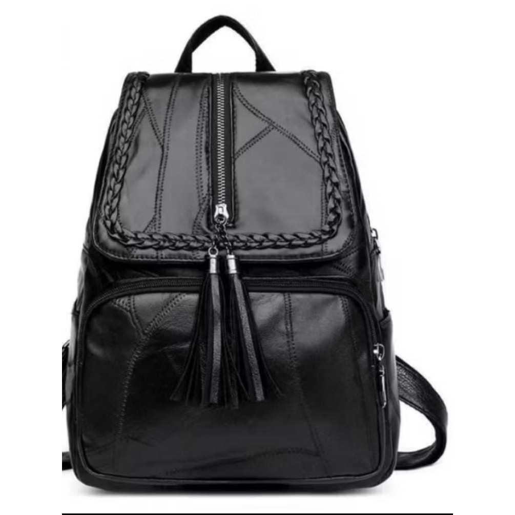 Tas Ransel Wanita Kepang Kulit Hitam Premium Kekinian