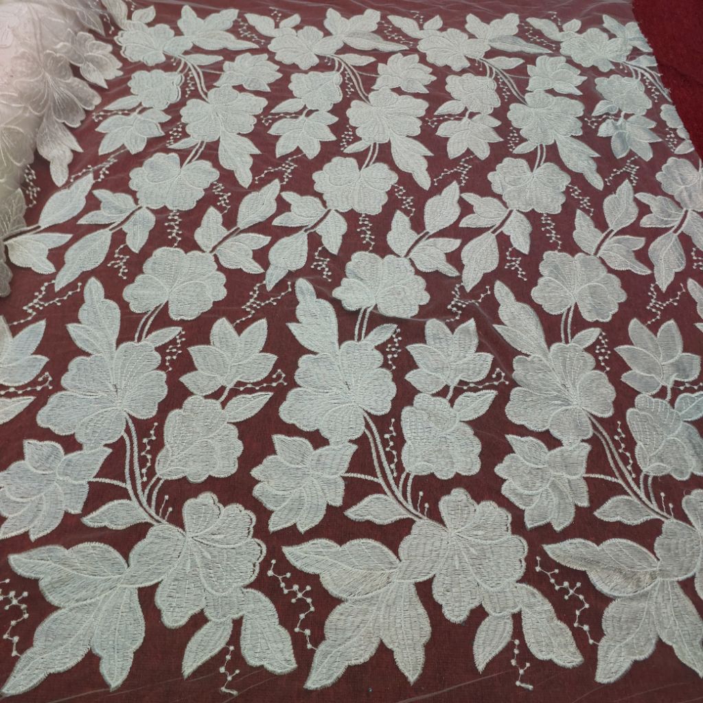 kain tile bordiran bunga kembang / bahan tile motif daun terbaru