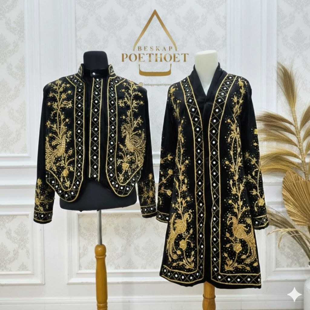 BESKAP POETHOET ADA KUTUBARUNYA  Sepasang Kebaya dan Beskap Bludru Pengantin Adat Jawa Hitam Payet G