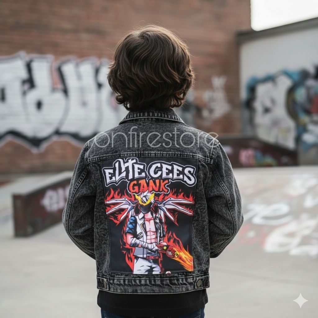 Jaket Jeans Blacksendwash Printing Anak Laki Laki Perempuan FF Free Fire Elite Cees Gank Skin SG OPM