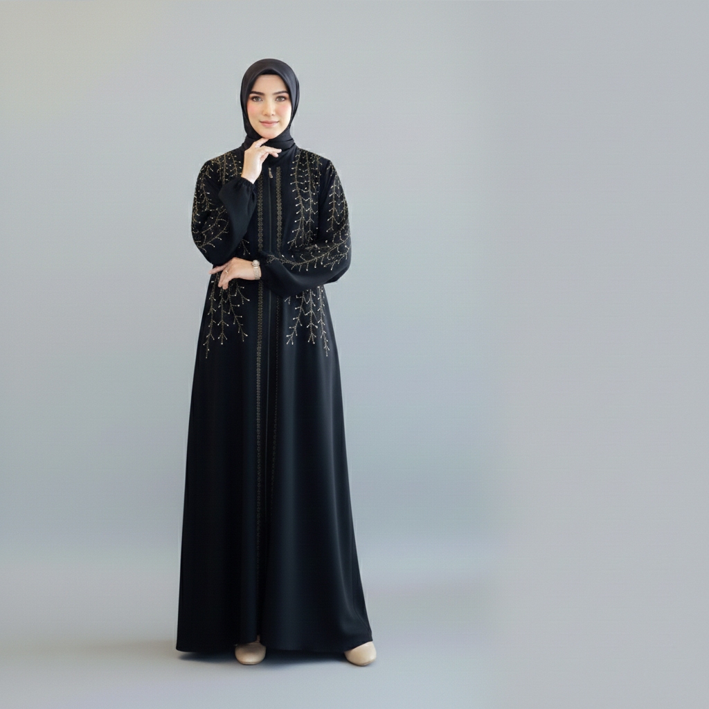 Abaya Turkey Jetblack Premium Gamis Hitam Turkey Mote Swarosky Mewah Elegan Turkey 4300