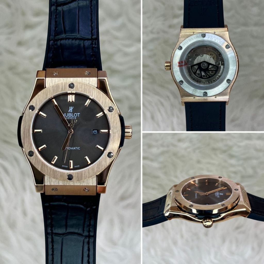Jam Tangan Pria Hublot Geneve Classic Fusion Automatic – Rose Gold Case, Leather Strap Elegan