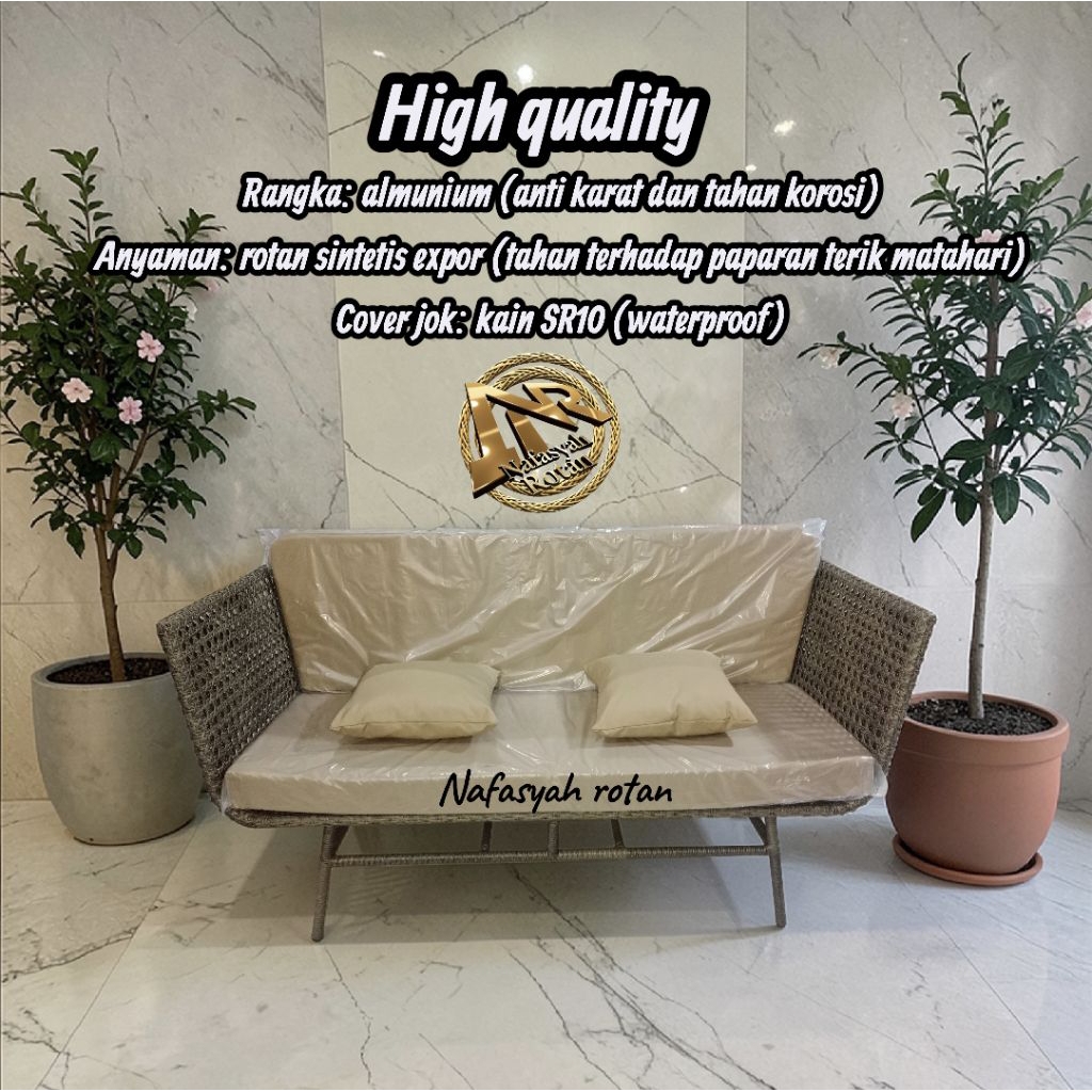 sofa almunium outdoor panjang 160cm, anyaman rotan sintetis original expor