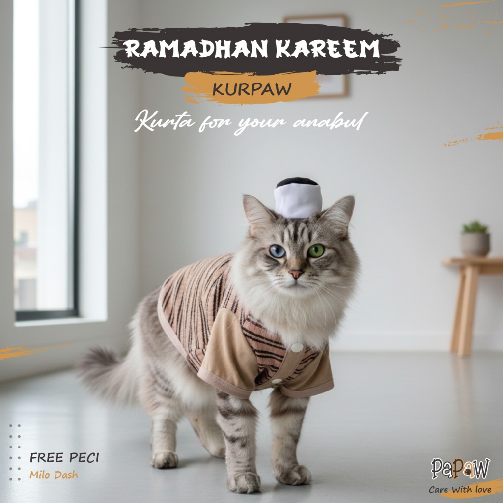 Baju Kucing Koko Muslim Kurta Kemeja Lebaran Anabul Cowok Lucu Murah Kostum Ramadhan Kurpaw