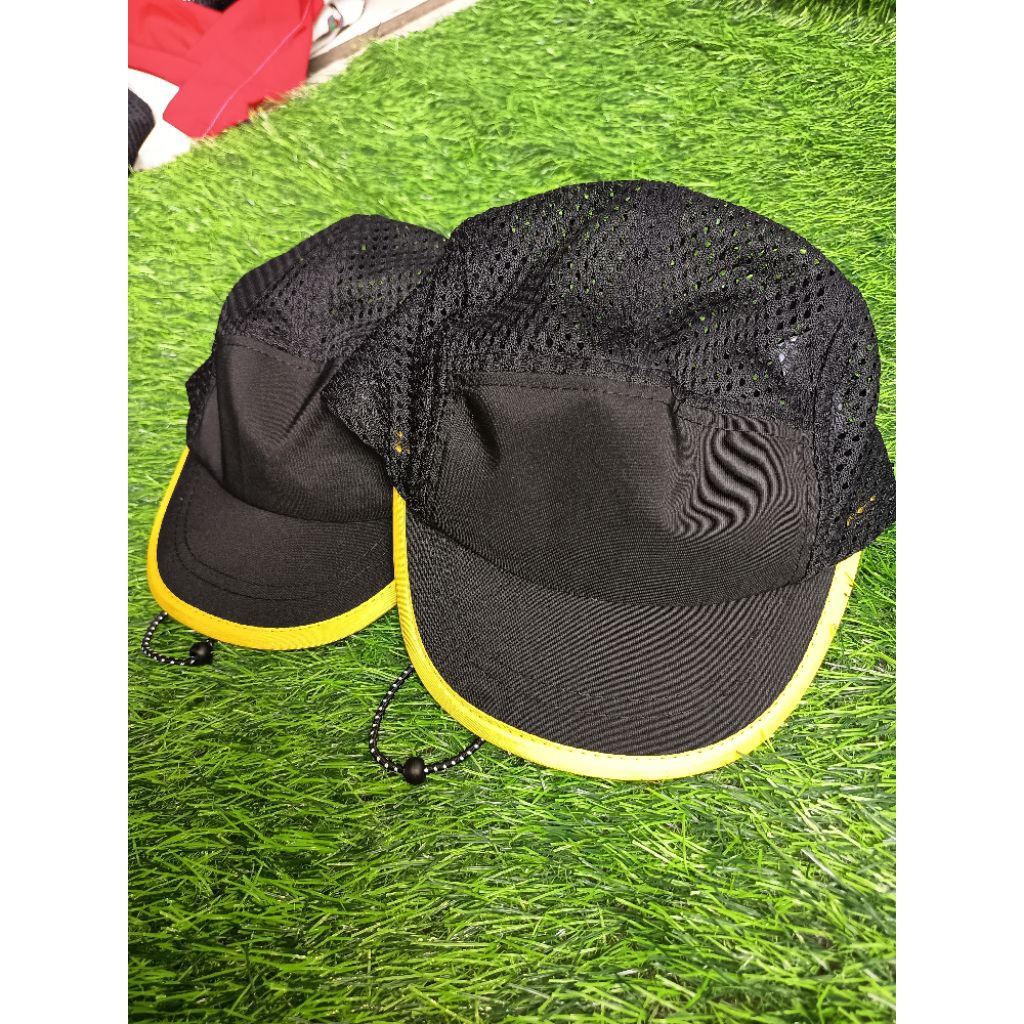 Topi Running cap Outdoor hitam lis kuning dewasa