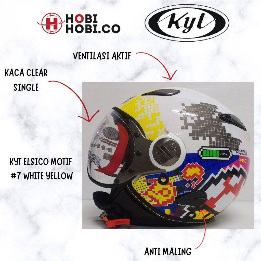 HELM KYT ELSICO MOTIF SERI 7 WHITE YELLOW RED BOGO RETRO HELM KYT HALF FACE ORIGINAL HELM KYT ORIGIN