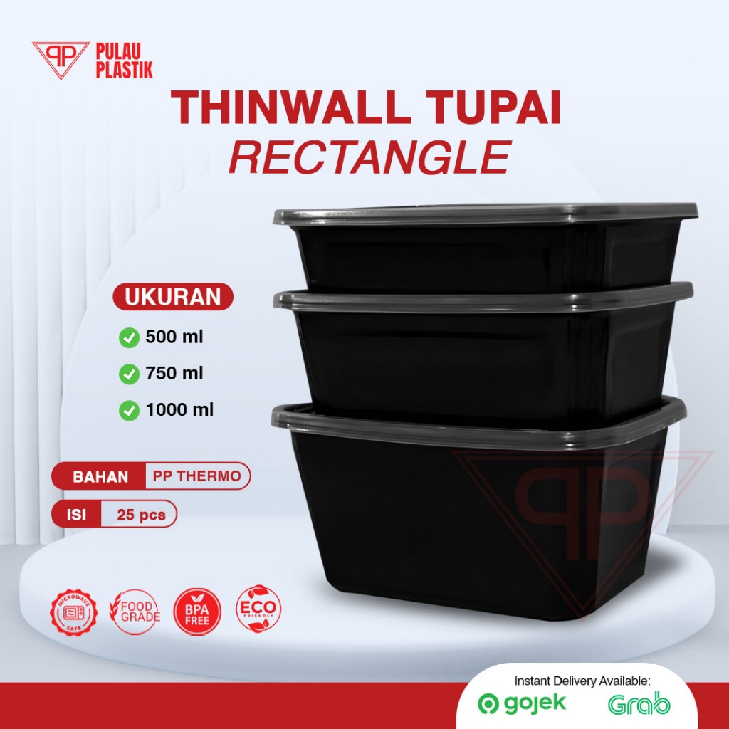 Thinwall TUPAI Hitam Persegi 500ml, 750ml, 1000ml Thinwall Food Container Isi 25pcs