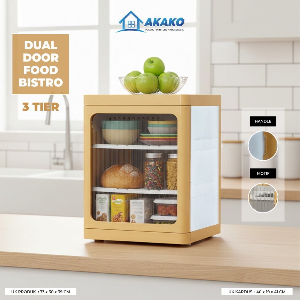Rak Makanan Tertutup 3 Susun Anti Debu | Lemari Dapur Mini Dual Door AKAKO | Etalase Makanan Rumah &