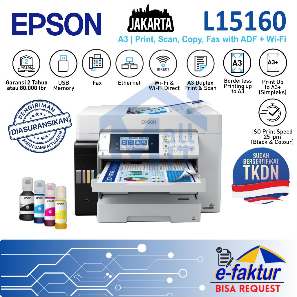 MALLIT EPSON Printer Epson L15160 L-15160 L 15160 A3 Duplex Pigment All in One Resmi Jakarta