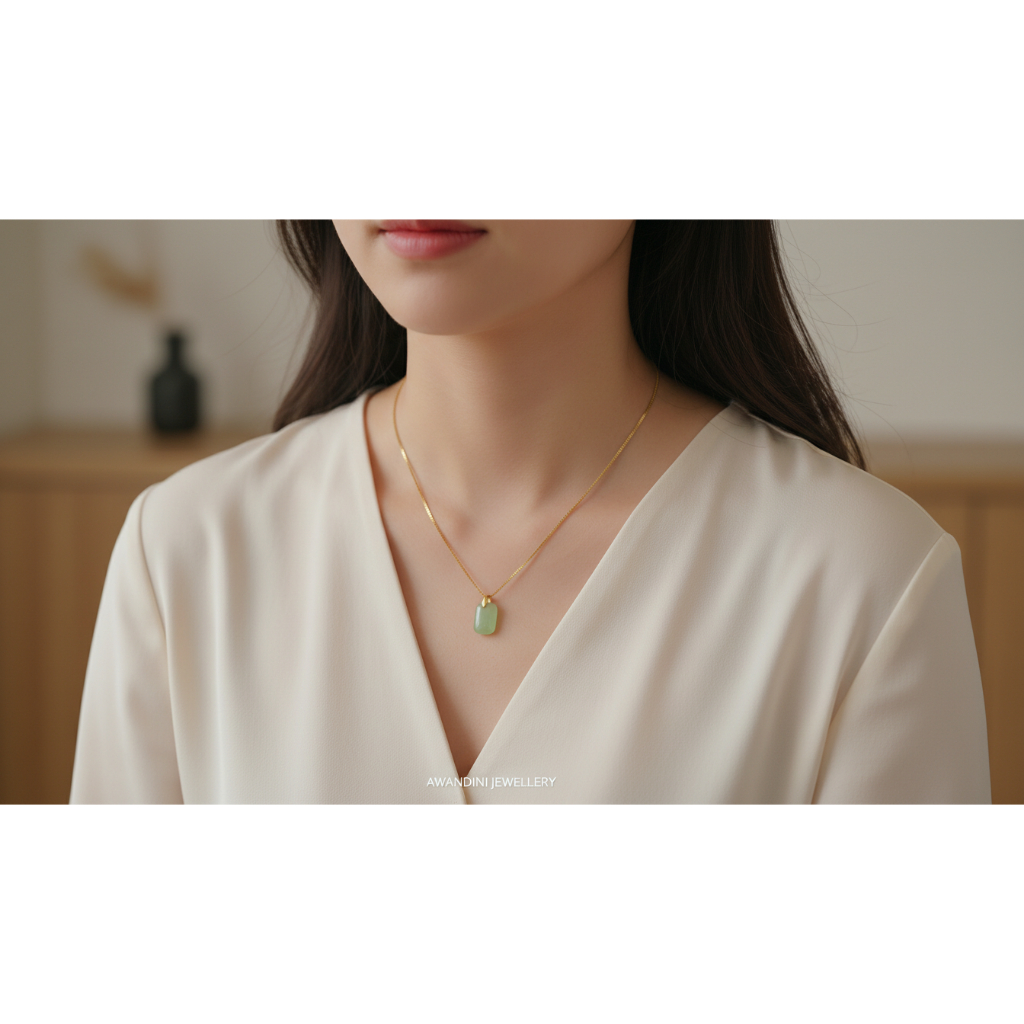 Kalung Giok Hijau Kotak Korean Style Liontin Batu Hijau Muda Estetik Simpel Elegan Awandini Jeweller