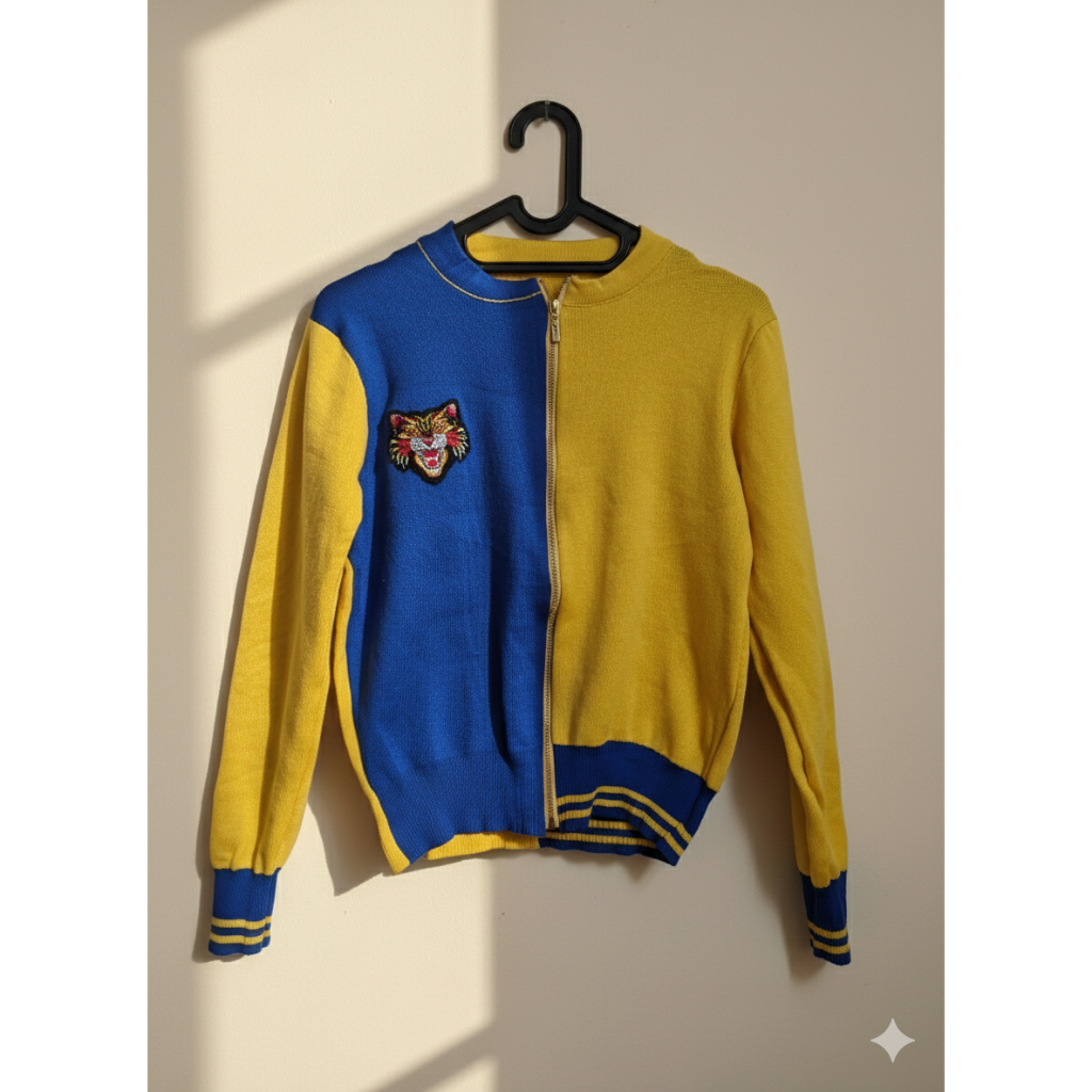 Retro Vintage Two-Tone Zip-Up Knit Cardigan - Blue & Yellow Colorblock Varsity Jacket with Tiger Pat