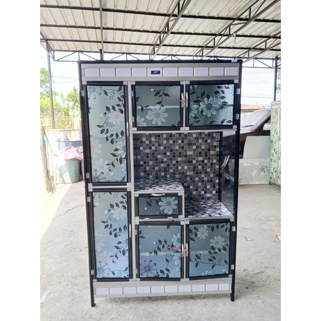 Rak Piring 3 Pintu Keramik Eko Kaca Pentine/Seng (Motif Bunga) / Rak Piring / Lemari Makan
