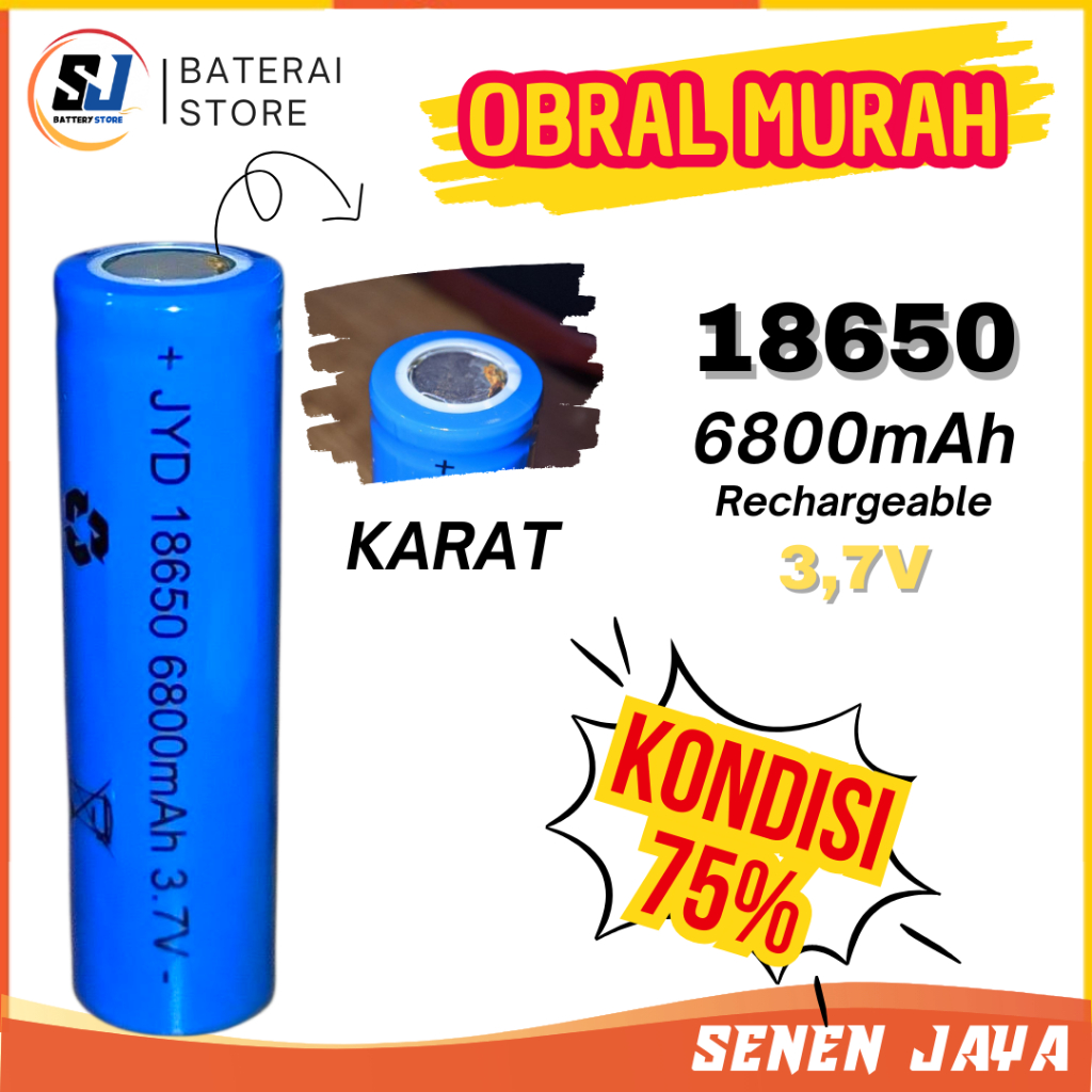 18650 FlatTop Biru 6800mAh Reject Kondisi 75% Batre Kipas Angin Portabel Senter PowerBank