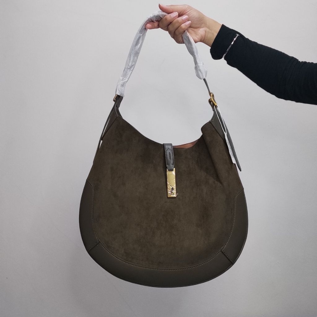 RALPH LAUREN POLO ID SUEDE BIG SHOULDER BAG IN GREEN ARMY TAS BAHU WANITA