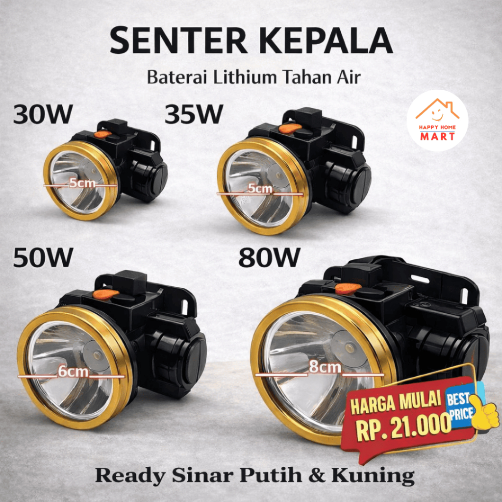 Senter Lampu Kepala Head Lamp Nyala Putih Kuning 30Watt / 35Watt / 50Watt / 80Watt