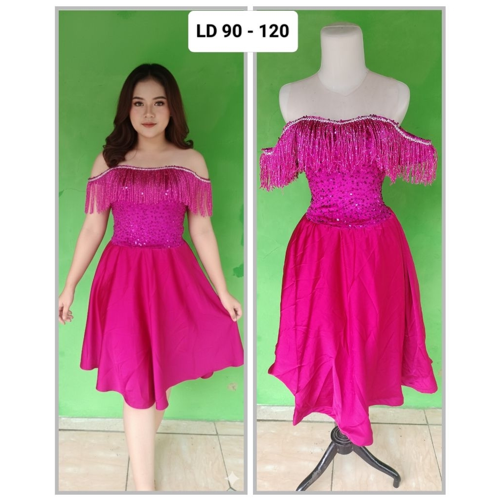 baju nyanyi dan pesta dress warna pink fanta LD 90 - 120 bahan beludru sekuen + rok satin