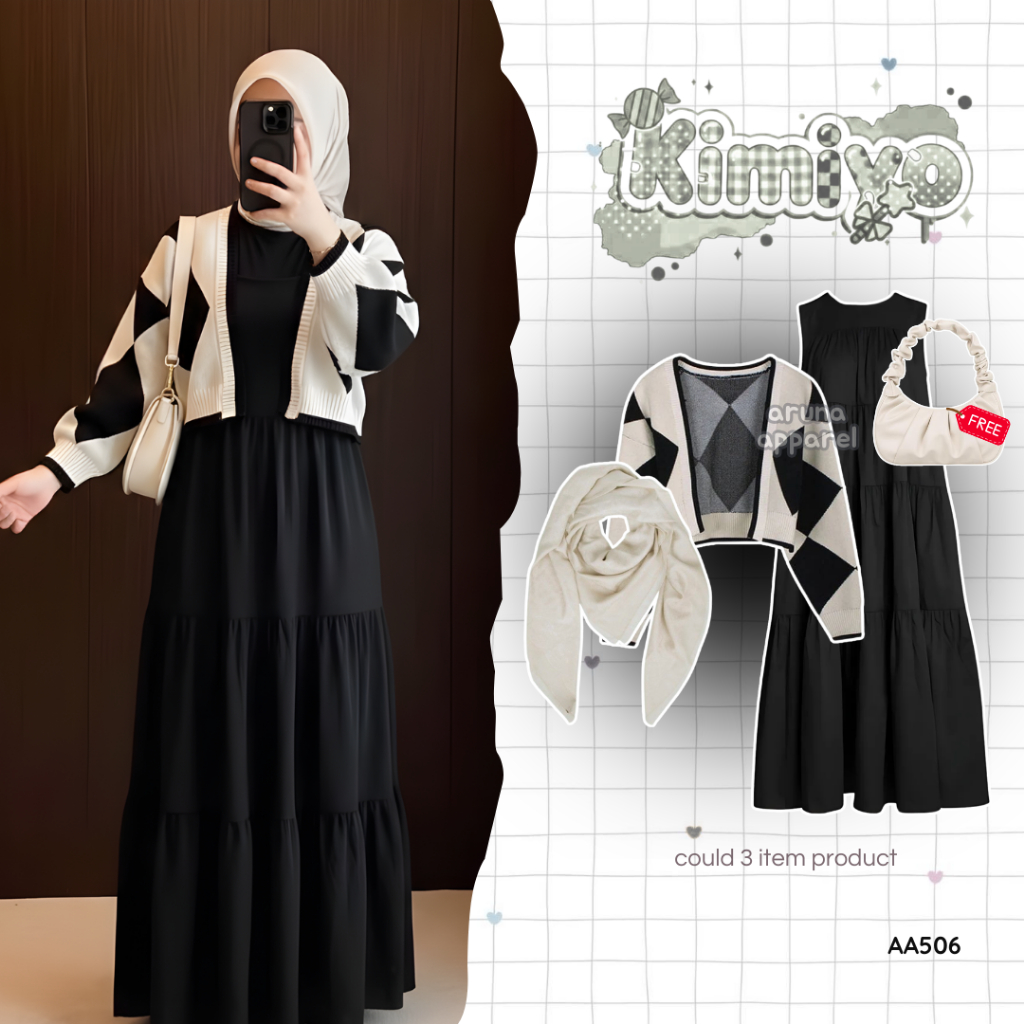 Aruna - 3in1 One Set Korean Style (Hijab Square + Cardigan Abstrak + Inner Dress) Outfit Girl Kekini