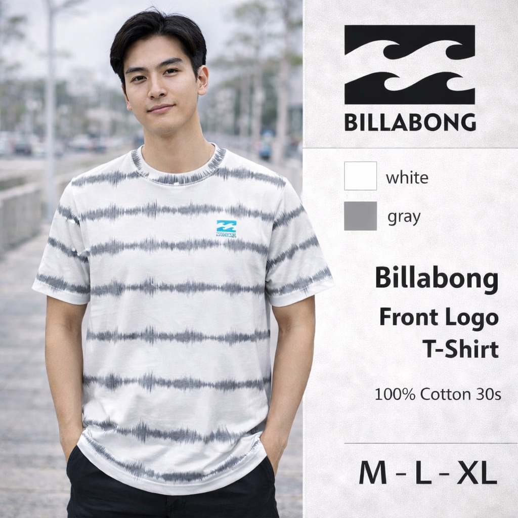 Billabong Original T-Shirt Kaos Surfing Pria Motif Stripe Abu Putih 100% Cotton 30s M L XL