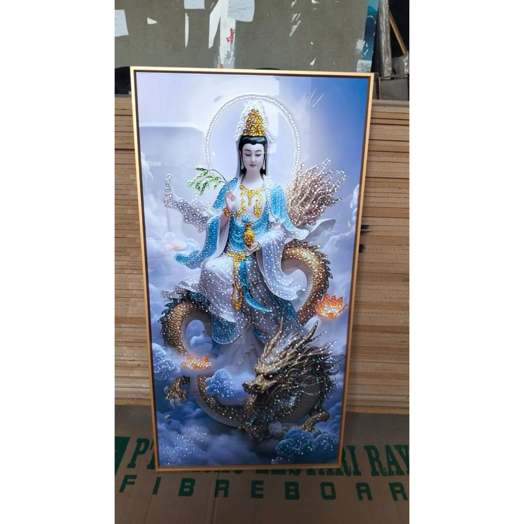 Lukisan Porcelain 5D Diamond Motif Dewi Kwan Im Pajangan Dinding Porselen Buddha Dewi Kwan In Naga