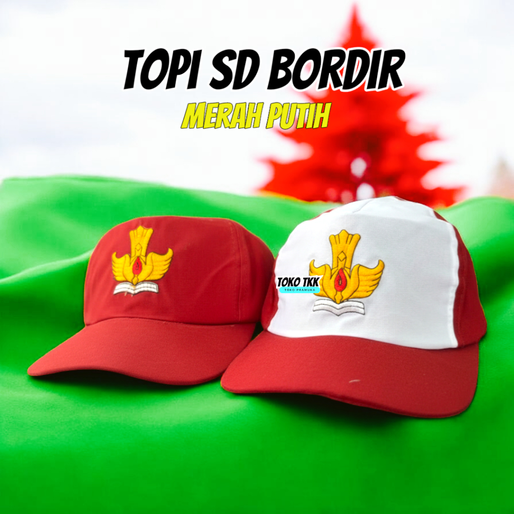 Topi SD Perekat Bordir | Topi Sekolah SD Merah Putih | Merah Full