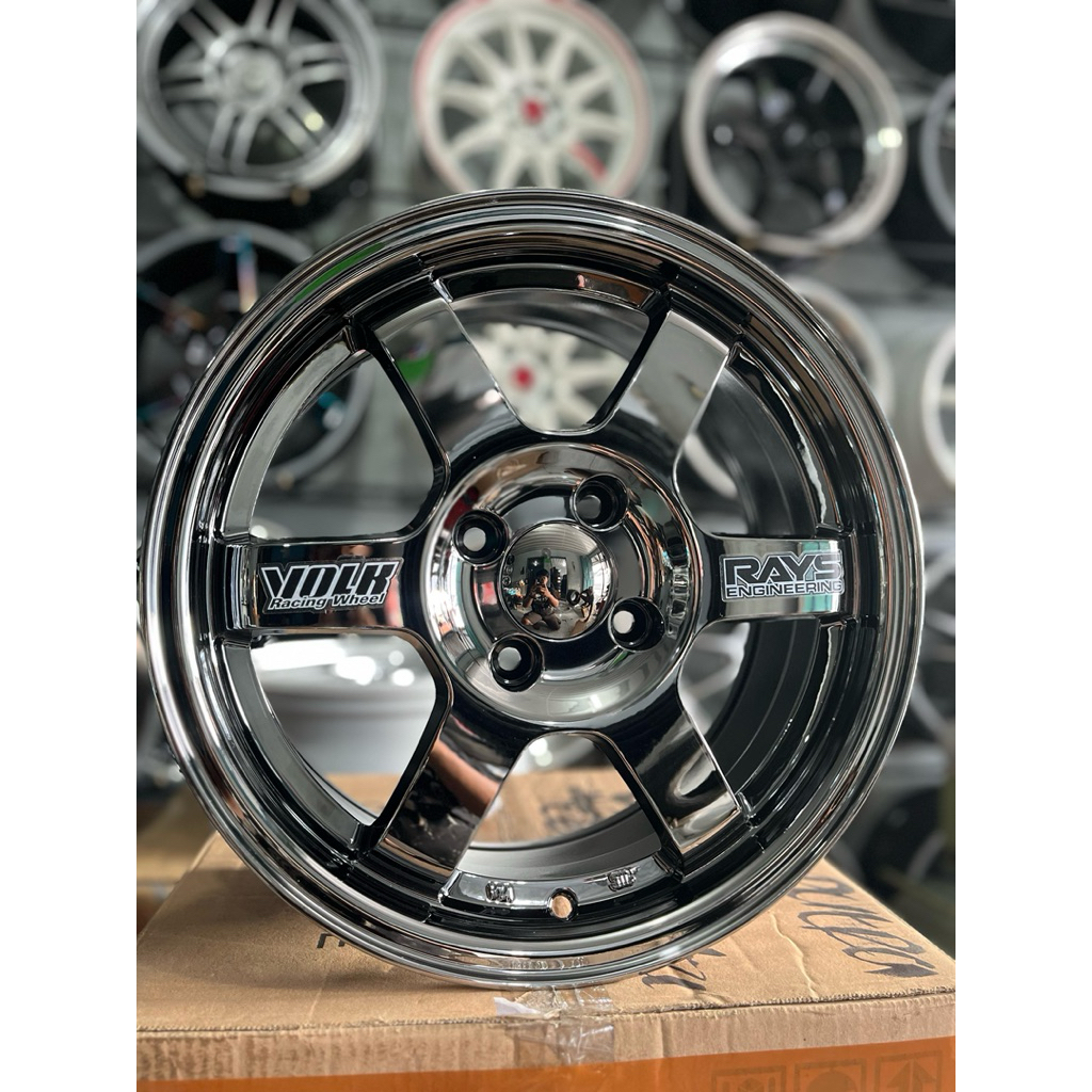 velg mobil te37 r15 black chrome pcd 4x100 lebar 6,5 kondisi baru