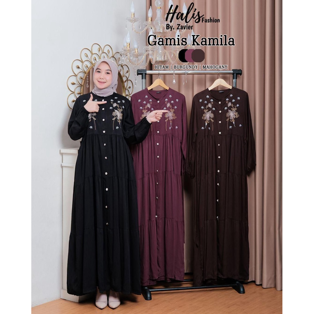GAMIS KAMILA BORDIR BAHAN RAYON TWILL PREMIUM LD 110