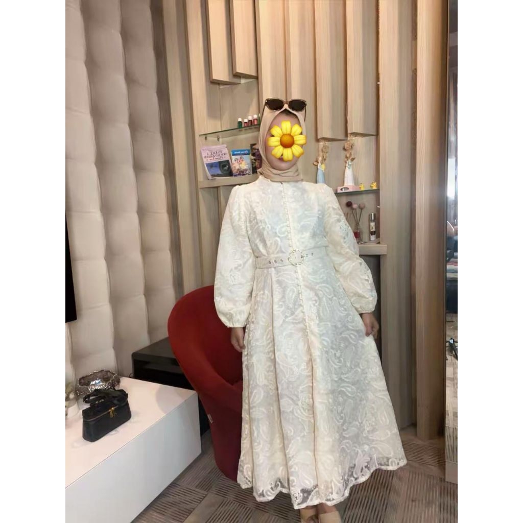 Maxi Dress Wanita Premium Full Brokat Lengan Balon Free Belt High Quality