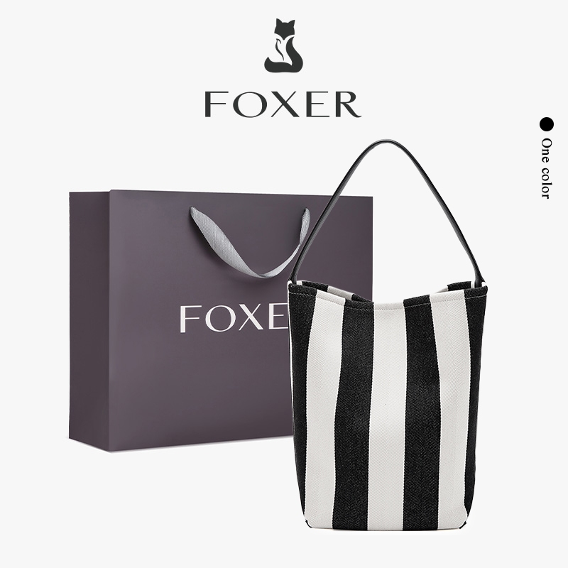 FOXER Tas Bahu Wanita Berkapasitas Besar Tas Tote Bergaris Hitam Putih Tas Wanita Warna Kontras Sede