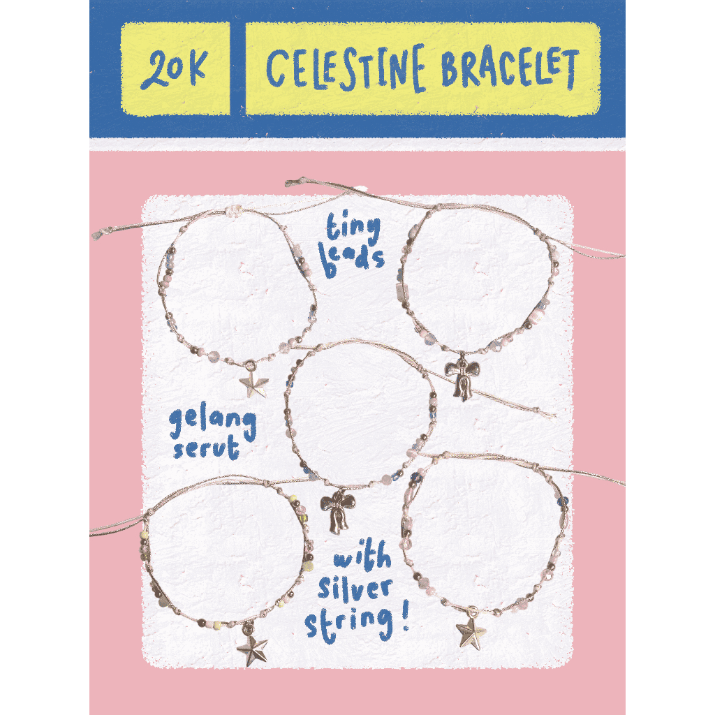 Celestine Bracelet | Gelang Manik Tali Serut | Tali Giok Putih & Shimmer Silver | Adjustable Bracele