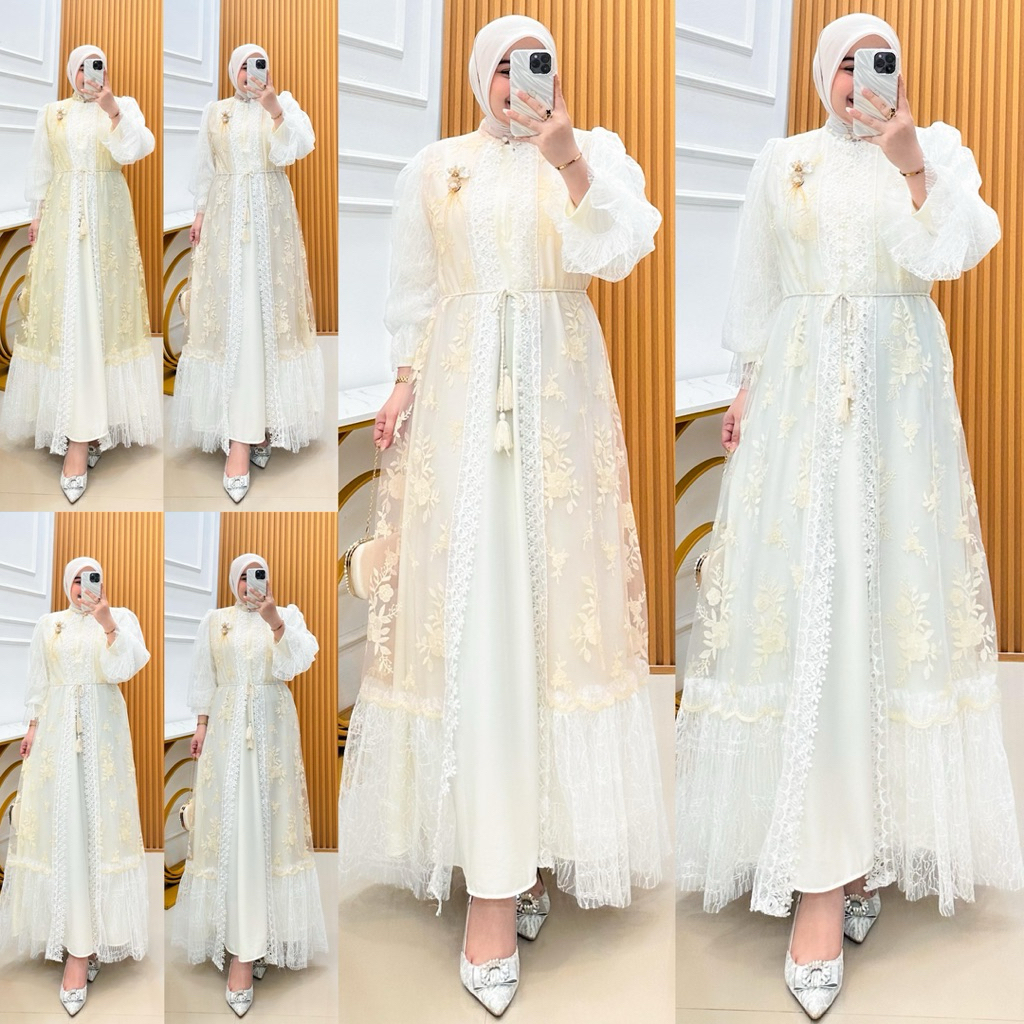 Dress Zulfa White | Brukat Cantily Inner Jersey Premium Gamis Lebaran 2026 Kekinian Terbaru Terviral