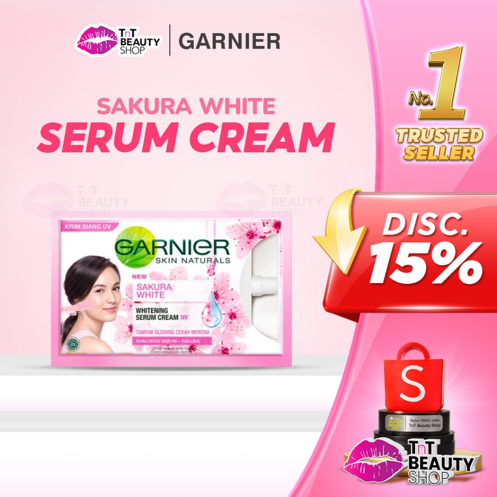 Garnier Sakura White Whitening Serum Cream 7ml - Krim Siang UV Wajah | TnT Beauty Shop