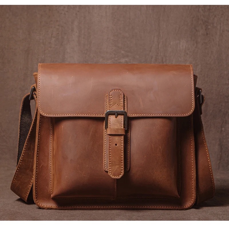 Tas Bahu Kulit Asli Mewah Pria Tas Kurir Kulit Sapi Crazy Horse Tas Selempang Retro Kulit Asli