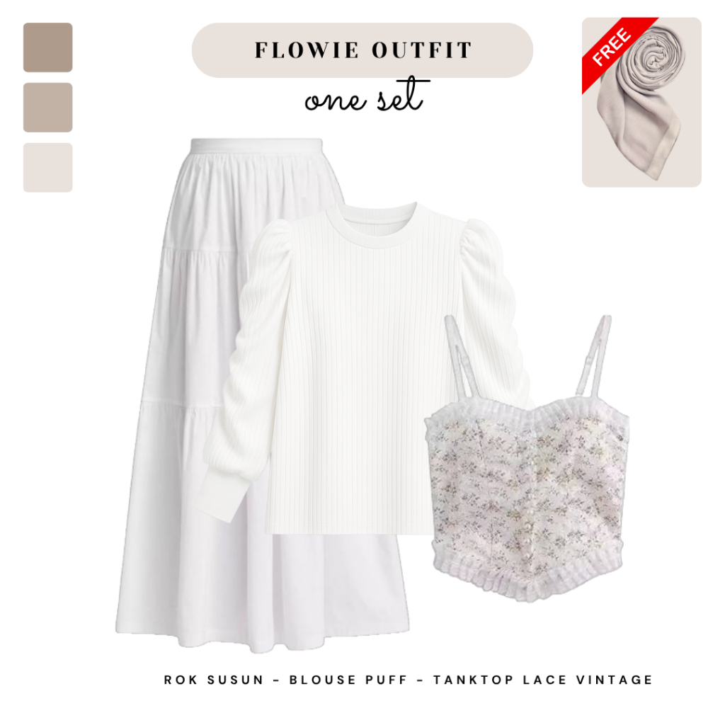 One Set Outfit Vintage Cottagecore (Blouse Puff, Tanktop Floral Lace, Rok Susun Putih) - CTO98