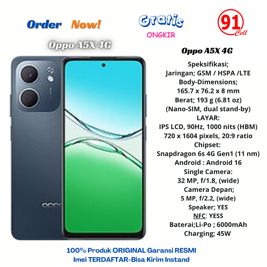 Oppo A5x Ram6/128GB & Ram4/128GB Garansi Resmi