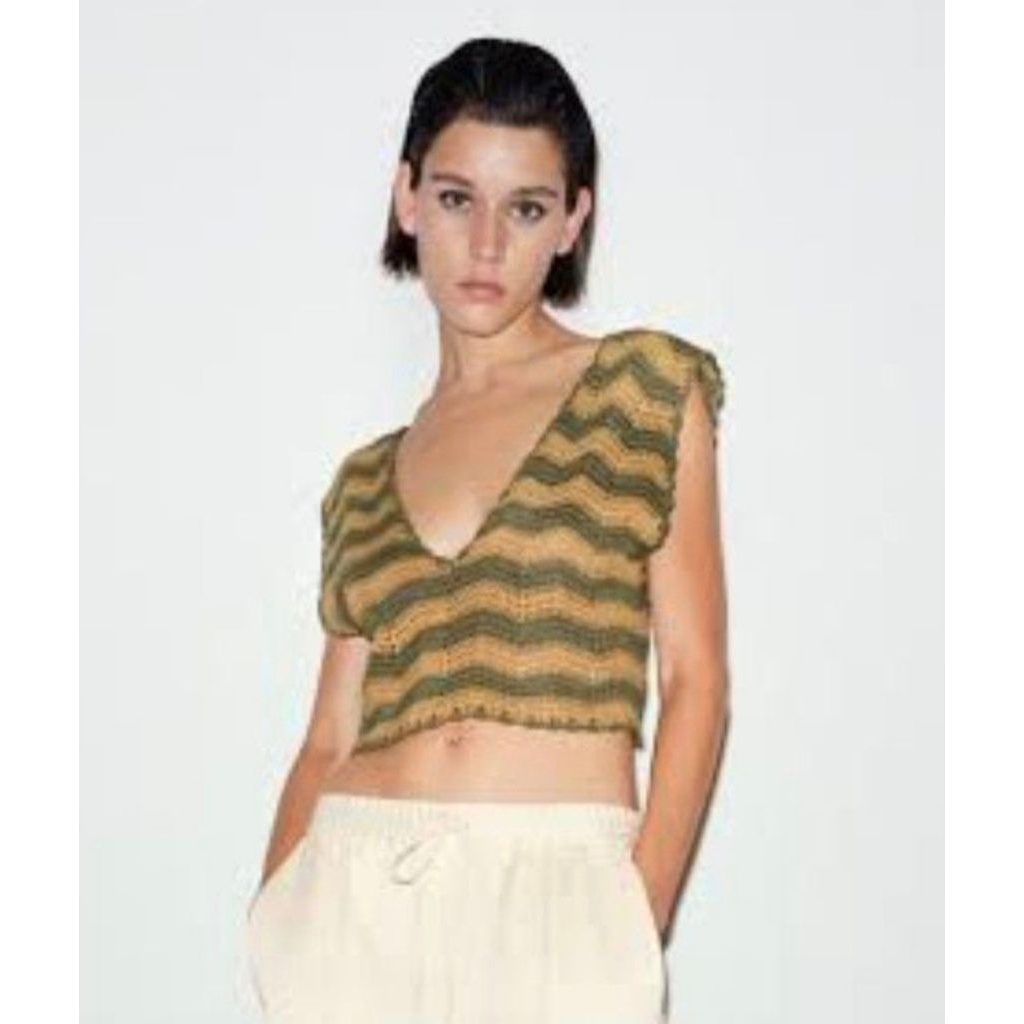 ZARA CROCHET CROP TOP V NECK STRIPE YELLOW GREEN
