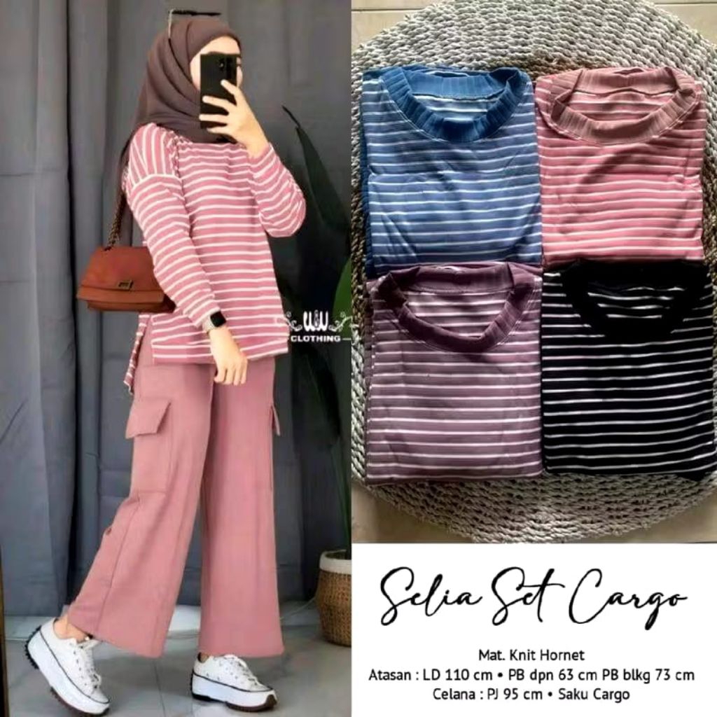 Set Wanita Salur Cargo Mewah One Set Cewek Viral Korea Style Setcel Long Tunik Setelan Muslim Cewek 