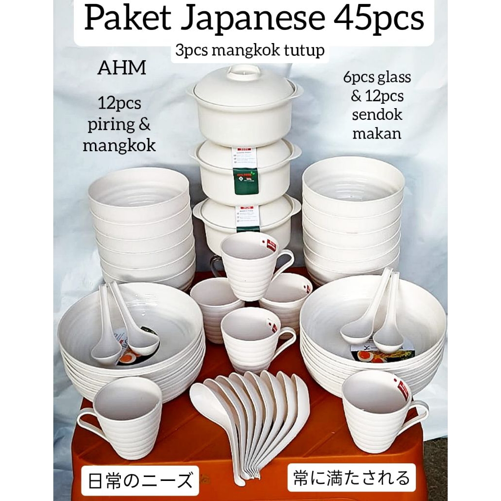 Paket Set Perlengkapan Makan Melamin Japanese Style 45 Pcs – Warna Pink Elegan | Piring, Mangkuk, Ge