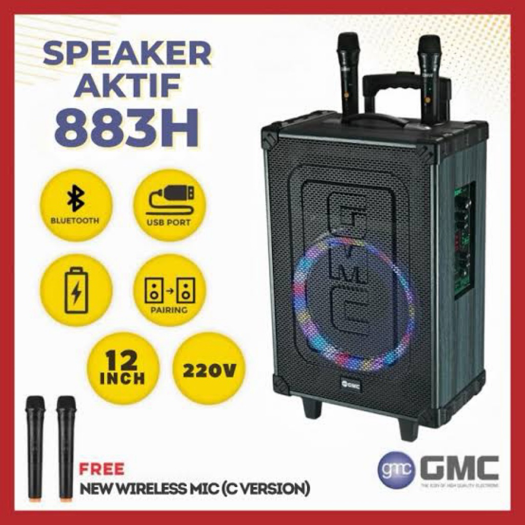 Speaker GMC 12inch 883H Speaker Bluetooth + 2 Mic Wireless