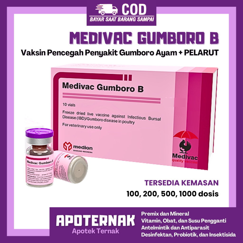 VAKSIN MEDIVAC GUMBORO B 100 500 DOSIS + PELARUT - Vaksin IBD Gumboro Ayam Burung Unggas
