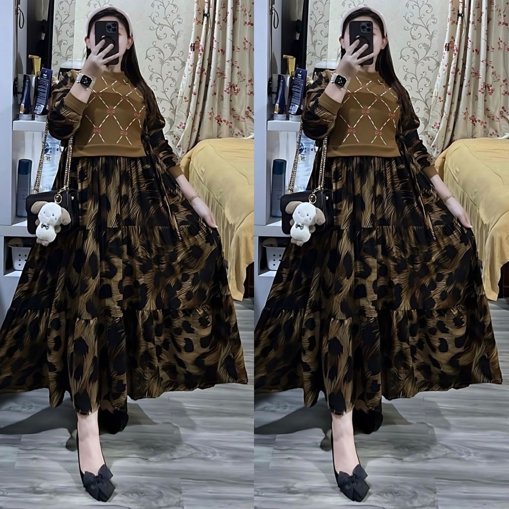 dress rayon motif macan kombinasi knite
