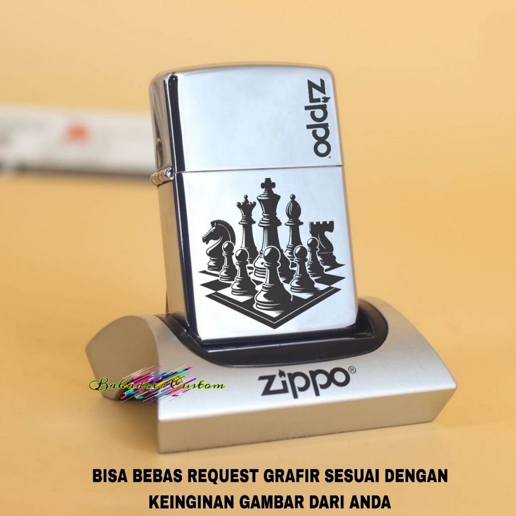 KOREK API ZIPPO SILVER CHROME CUSTOM GRAFIR BIDAK CATUR DESIGN BISA BEBAS REQUEST CUSTOM GRAFIR SESU