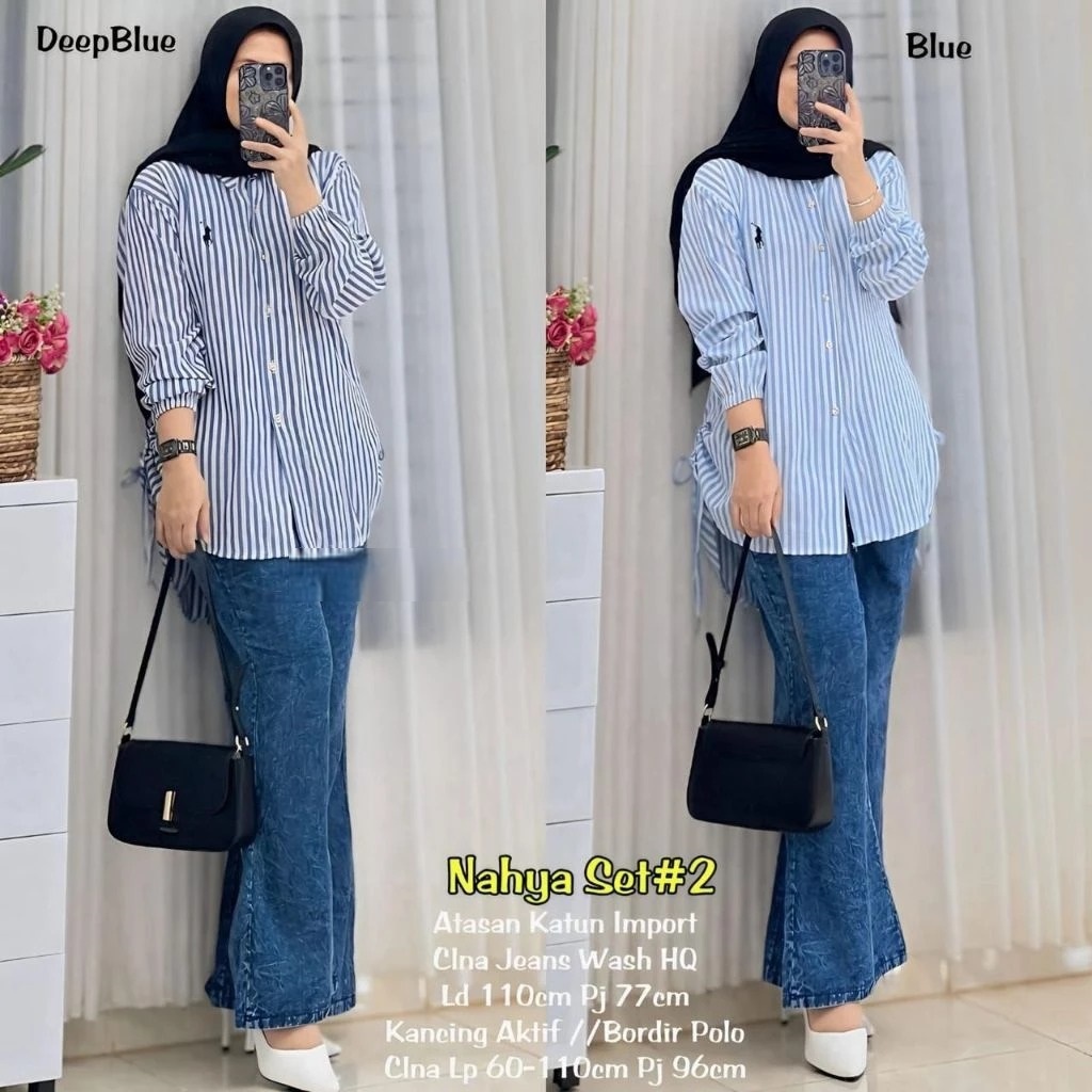 (( READY BISA COD )) DELLA HAZELL SET CELANA JEANS ORI BY VINSTORE // BAJU KEMEJA KATUN SALUR GARIS 