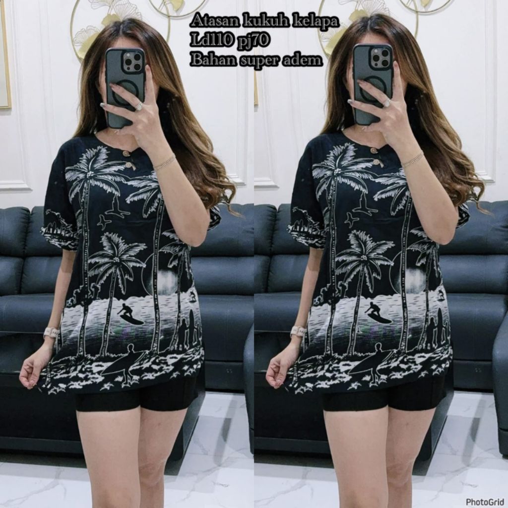 Atasan Kaos Dewasa Pria Wanita Motif Pantai Dasar Hitam Kancing Hidup